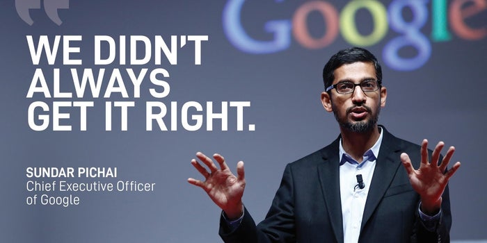Más de 1,600 trabajadores de Google piden a Sundar Pichai que deje de vender su tecnología a la policía