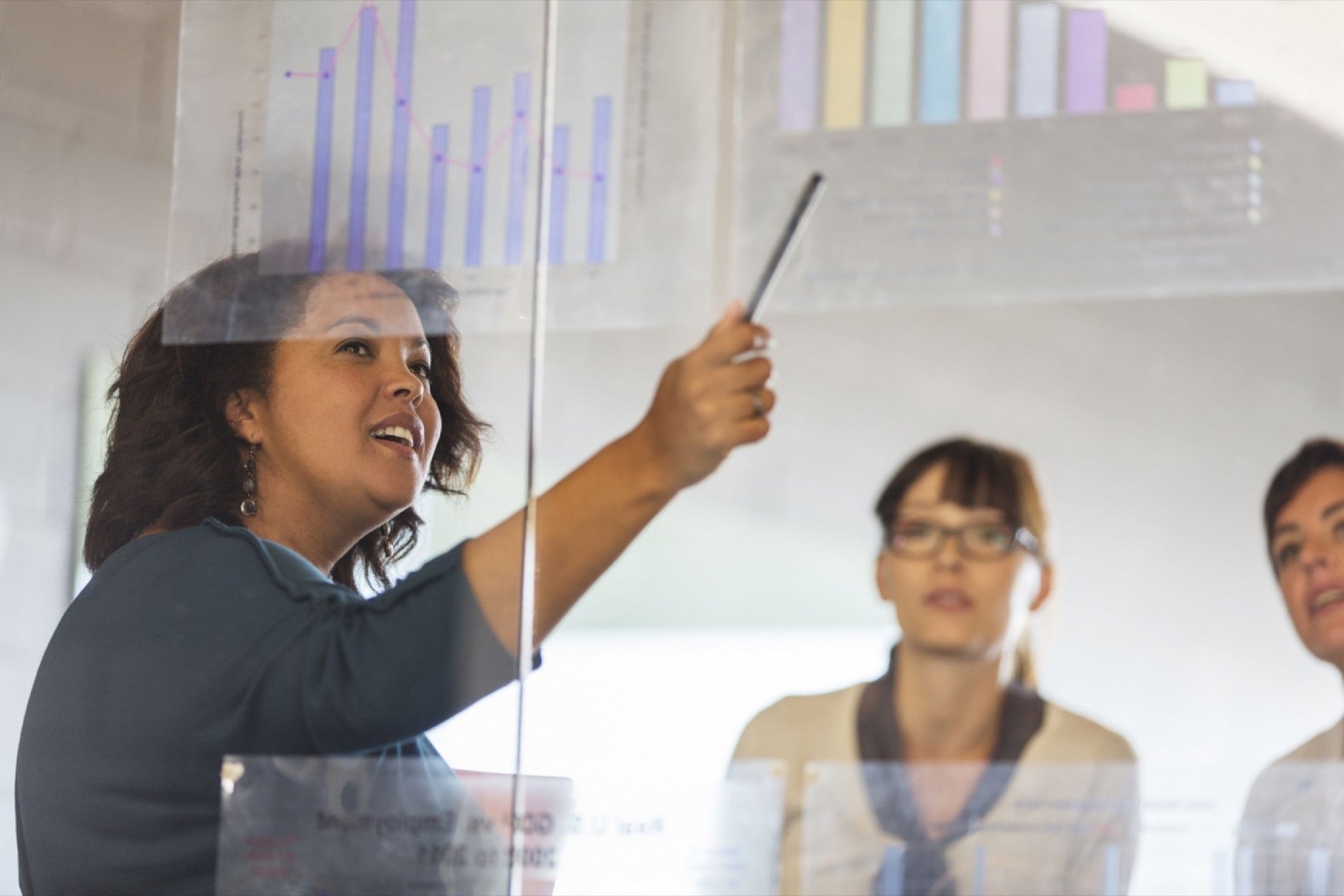 Women showing charts of growth