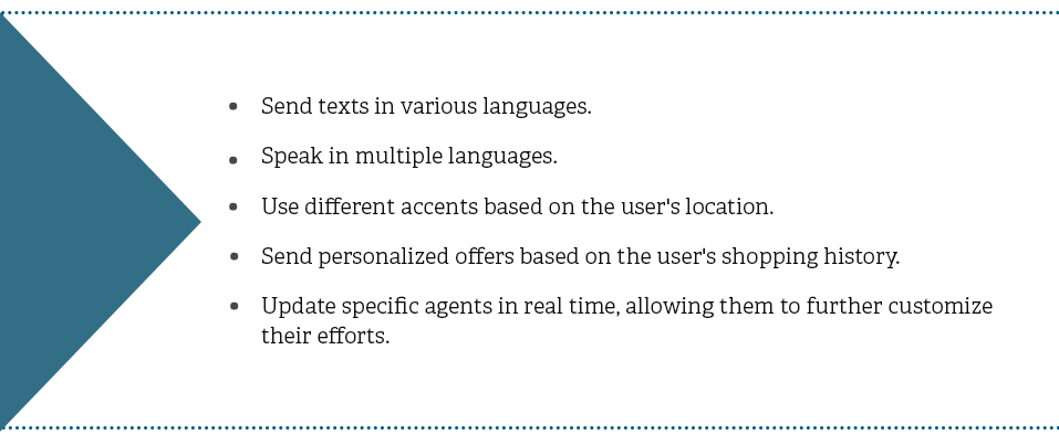 Send texts in various languages. Speak in multiple languages. Use different accents based on the users location. Send personalized offers based on the users shopping history. Update specific agents in real time, allowing them to further customize their efforts.