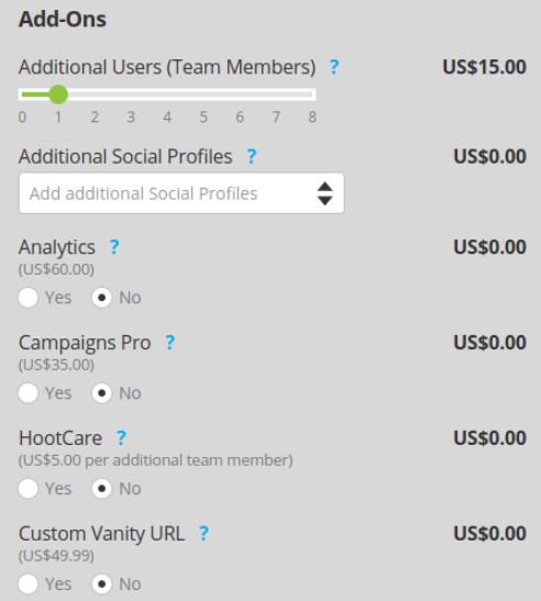 hootsuite price plan screenshot