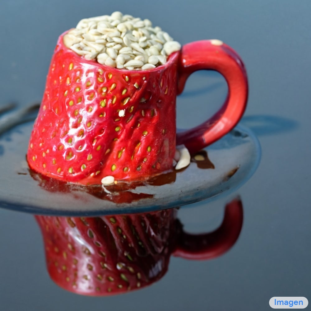 Una taza de fresa rellena de semillas de sésamo blanco. La taza está flotando en un mar de chocolate negro.