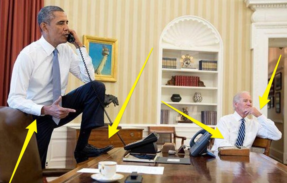 High-power and low-power poses tend to complement one another in given interactions. One person is in charge, and the other isn't. See how Obama takes up space while Biden hunkers down in his chair.