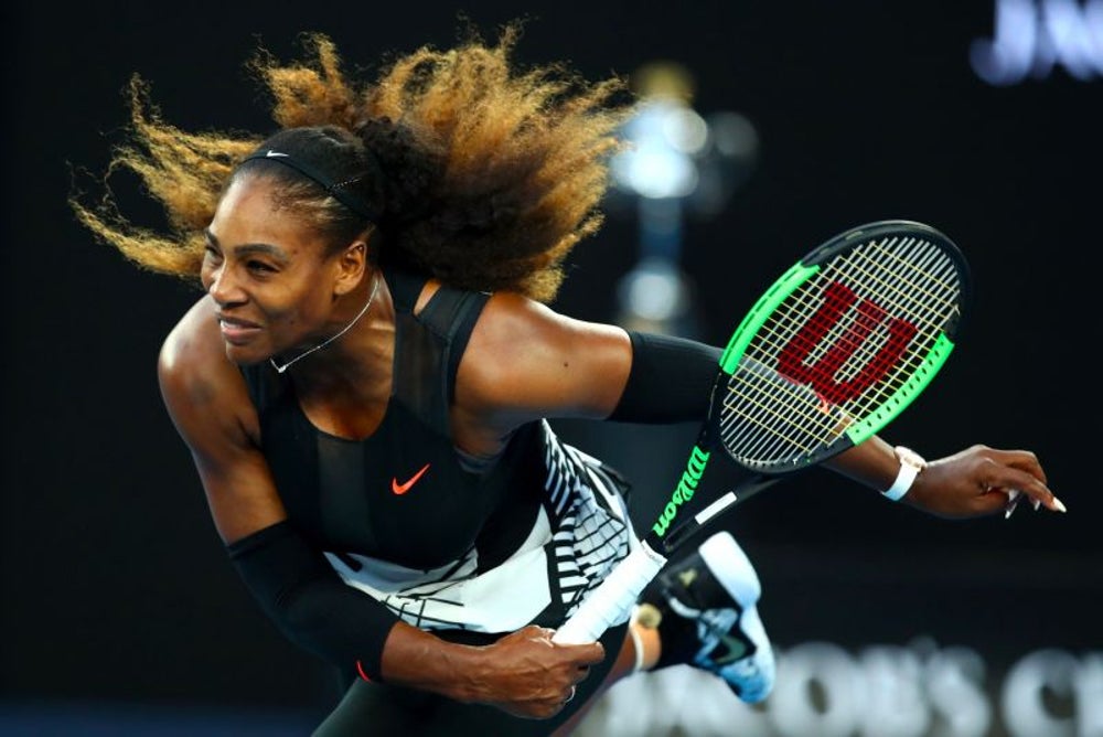 Serena Williams challenges two players to a match on a public court.