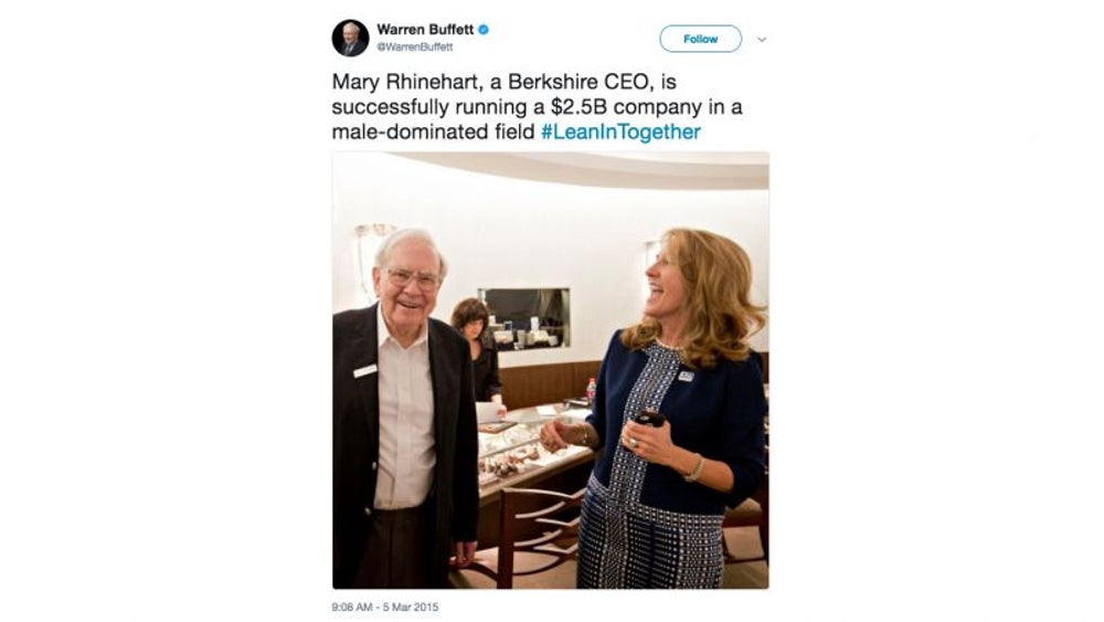 He celebrates Berkshire Hathaway’s female CEO.