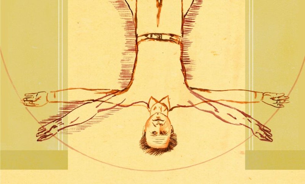 Dan Brown hangs upside down.
