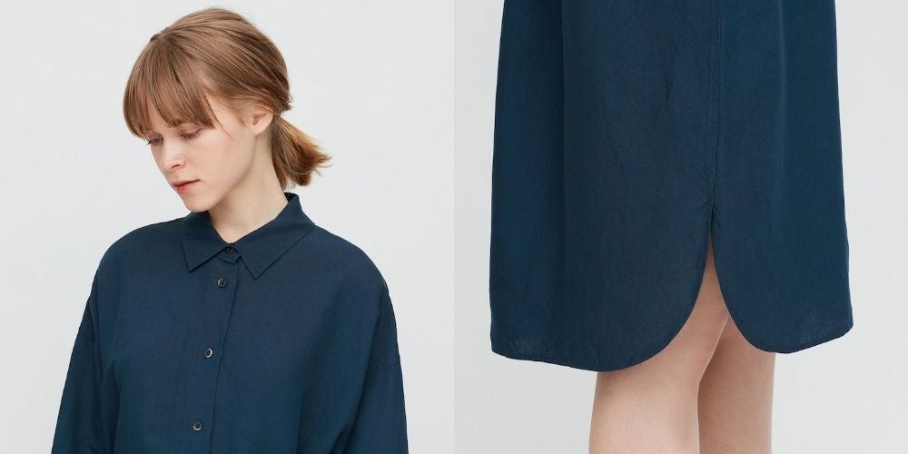 WOMEN LINEN BLENDED LONG-SLEEVE SHIRT DRESS