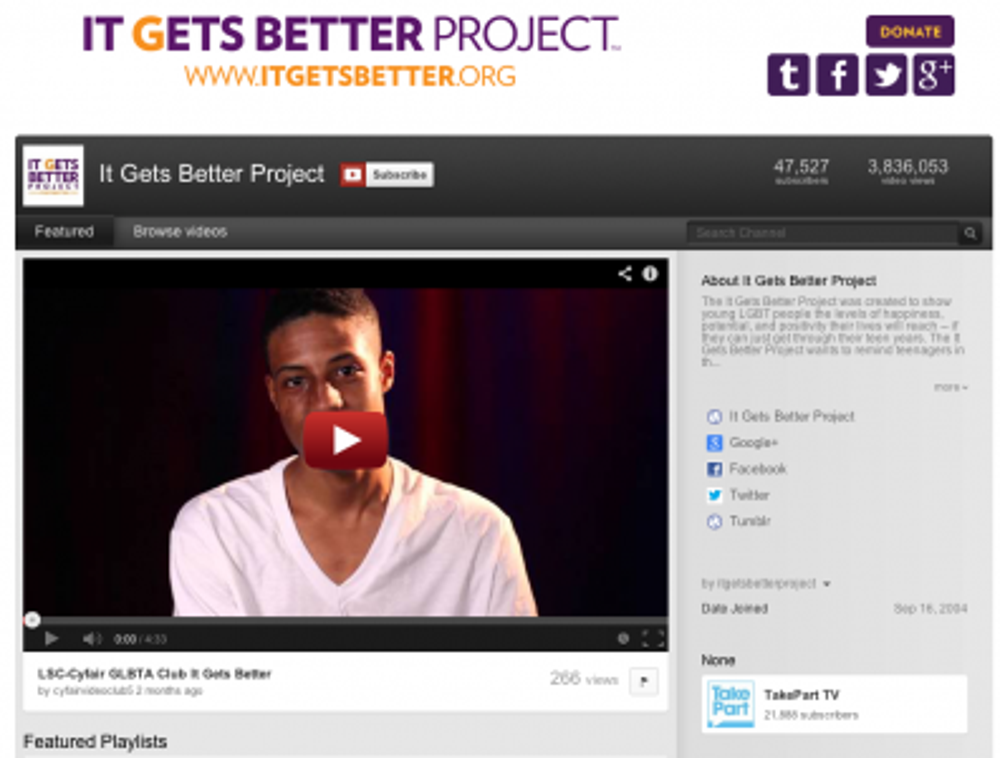 In October 2010, columnist Dan Savage used YouTube to launch the "It Gets Better" project