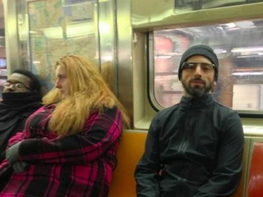 Sergey Brin shows off Google Glass on the NYC subway